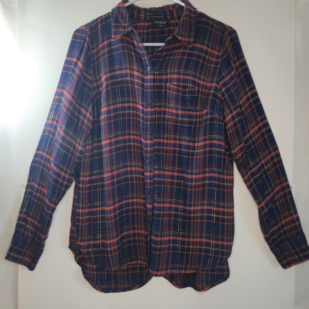 Lucky Brand Plaid Button Down Shirt Navy Orange Gold Metallic Lurex Split back S